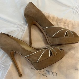 Jimmy Choo Size 39 Beige/Tan Suede Platform Peeptoe Pumps